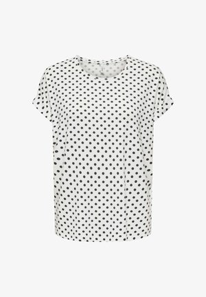 Hvid t-shirt med korte ærmer og rund halsudskæring, med jævnt fordelt små sorte prikker over hele stoffet.