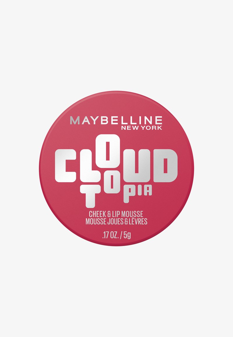Compact rond rose de Maybelline Cloud Toupia, mousse pour joues et lèvres de 5 g, avec un texte en blanc et argenté audacieux sur le couvercle.
