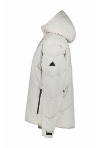 Puffjacke in hellem Beige mit Kapuze, rautenförmigem Steppmuster, schwarzem Akzent am linken Ärmel, Seitentaschen und verstellbaren Bündchen.