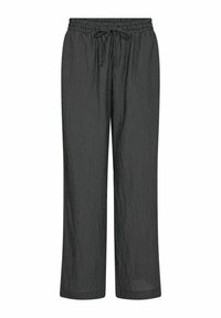 Pantaloni a righe bianche e nere con un design a gamba larga, vita elasticizzata con cordino e una texture liscia.