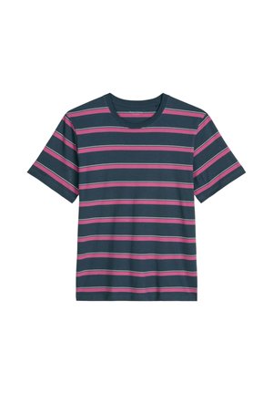 Marineblaues Kurzarm-T-Shirt mit horizontalen pinken und hellgrauen Streifen, Rundhalsausschnitt und normaler Passform.
