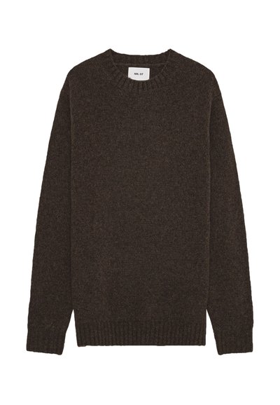 Bruine wollen trui met ronde hals, lange mouwen en geribbelde manchetten. Gestructureerde stof in een effen kleur, met een klein label aan de hals.
