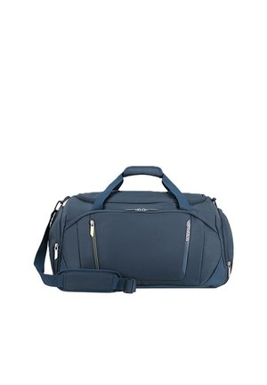 Borsa da viaggio blu scuro con doppie maniglie, tracolla regolabile e molteplici tasche con cerniera sul davanti e sui lati.