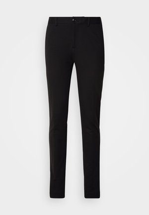 Black trousers made of smooth fabric, featuring a slim fit, standard waistband, front pockets, and a single button closure.