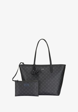 Borsa a tracolla nera con motivo texturizzato, doppio manico, dettaglio a nappina, logo del marchio e borsetta coordinata con zip. Materiale simile alla pelle liscio.