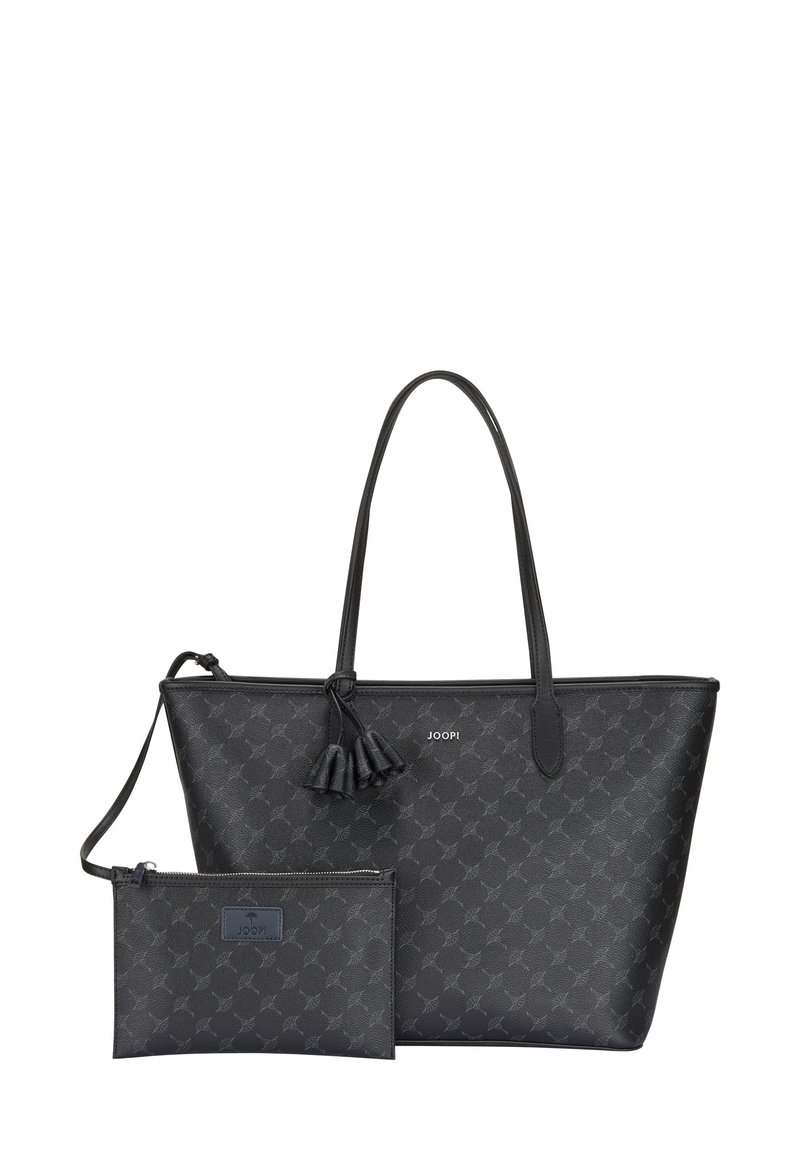 Borsa a tracolla nera con motivo texturizzato, doppio manico, dettaglio a nappina, logo del marchio e borsetta coordinata con zip. Materiale simile alla pelle liscio.