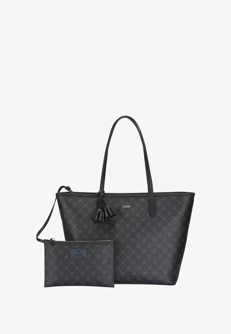 Borsa a tracolla nera con motivo texturizzato, doppio manico, dettaglio a nappina, logo del marchio e borsetta coordinata con zip. Materiale simile alla pelle liscio.