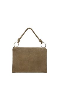 Sac à main rectangulaire en daim taupe avec une bandoulière nouée attachée à des anneaux en argent, petit logo de marque métallique centré près du haut.