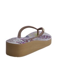 Chanclas de plataforma marrones con una plantilla estampada que presenta diseños florales en rosa, púrpura y verde. Las correas texturizadas añaden agarre.