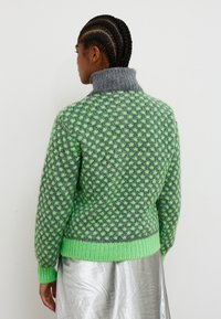 Personne avec des cheveux tressés portant un pull à col roulé gris à motifs verts et une jupe argentée, vue de dos sur un fond uni.