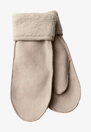 Beige suede mittens with a soft, textured fleece cuff. Smooth surface with rounded tips and contrast stitching along the edges.