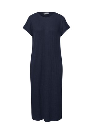 Marineblaues, kurzärmeliges Kleid in Midi-Länge mit rundem Ausschnitt und dezentem vertikalem Strukturmuster in lockerer Passform.