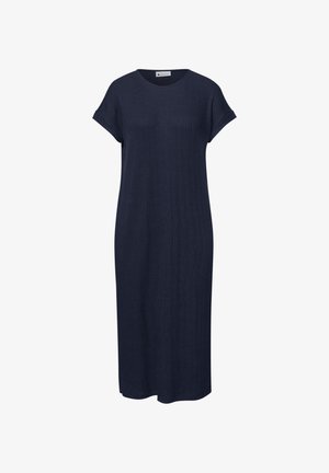 Marineblaues, kurzärmeliges Kleid in Midi-Länge mit rundem Ausschnitt und dezentem vertikalem Strukturmuster in lockerer Passform.