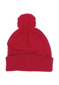 Red knit beanie with a fold-over cuff and a pom-pom on top. Made of soft material with a textured finish.