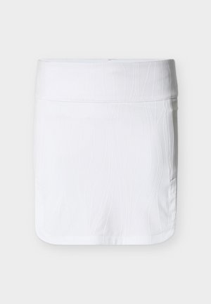 Biała spódnica z fakturą falistego wzoru, wykonana z gładkiej tkaniny. Posiada boczną kieszeń oraz elegancki, dopasowany krój.