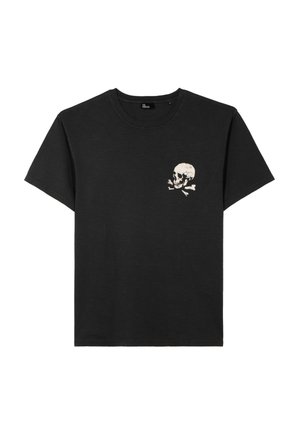 T-shirt di cotone nera con maniche corte e scollo rotondo. Presenta una grafica bianca di teschio e ossa incrociate sul lato sinistro del petto.