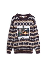 Knit sweater featuring a geometric pattern in burgundy, cream, and navy, with a central graphic depicting flowers and fire, labeled "IN" and "out."