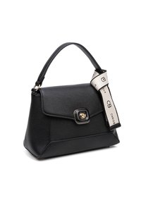 Borsa in pelle nera con un design strutturato, dotata di una chiusura in tono oro e di una tracolla rimovibile con un logo in colori a contrasto.