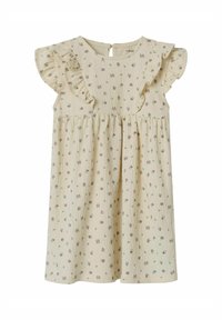 Robe florale avec de courtes manches froncées, fabriquée à partir d'un tissu léger texturé de couleur jaune clair. Présente de petits motifs floraux bruns et verts sur l'ensemble.