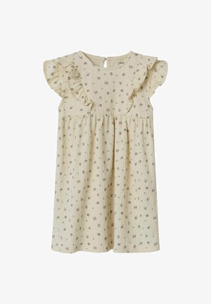 Robe florale avec de courtes manches froncées, fabriquée à partir d'un tissu léger texturé de couleur jaune clair. Présente de petits motifs floraux bruns et verts sur l'ensemble.