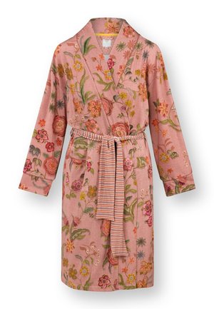 Pink floral-patterned robe with long sleeves, shawl collar, two front pockets, and a striped fabric belt tied at the waist.