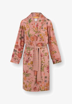 Pink floral-patterned robe with long sleeves, shawl collar, two front pockets, and a striped fabric belt tied at the waist.