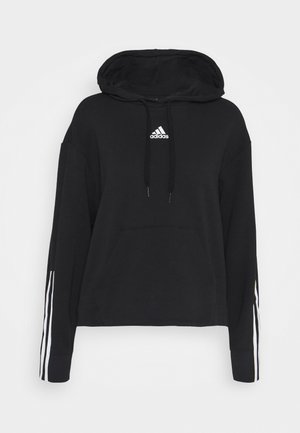 Black cropped hoodie with Adidas logo on chest, white three stripes on the sleeves, and front kangaroo pocket.