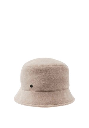Beige soft wool bucket hat with a small round black metal logo on the side and a slightly downward sloping brim.