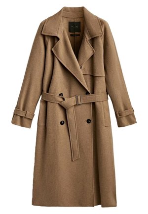 Long manteau en laine marron à double boutonnage, avec larges revers, ceinture à la taille, poignets boutonnés et deux poches avant.