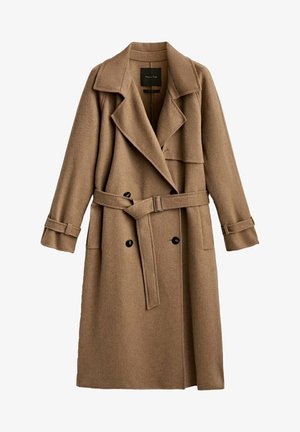 Long manteau en laine marron à double boutonnage, avec larges revers, ceinture à la taille, poignets boutonnés et deux poches avant.