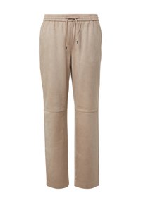 Beige Jogginghose mit elastischem Bund und verstellbarem Kordelzug. Weicher, glatter Stoff mit lockerem Schnitt und Seitennähten.