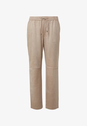 Beige Jogginghose mit elastischem Bund und verstellbarem Kordelzug. Weicher, glatter Stoff mit lockerem Schnitt und Seitennähten.