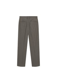 Grijze op maat gemaakte broek, recht model, gemaakt van een gestructureerde stof, met twee achterzakken en plooien. Achteraanzicht weergegeven.
