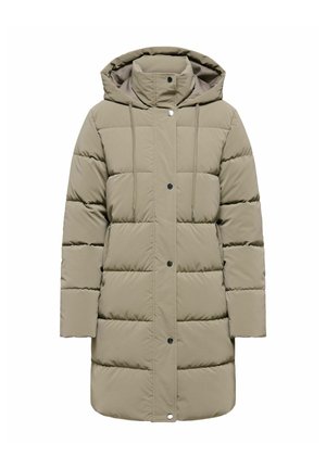 Gewatteerde lange jas in gedempte beige kleur, met een capuchon, knoopsluiting aan de voorkant en elastische trekkoorden. Soepele textuur met doorgestikte secties.