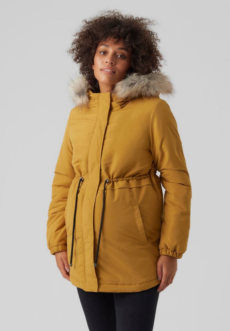 Yellow insulated parka with a faux fur hood, drawstring waist, and elastic cuffs. Features a front zipper and side pockets.