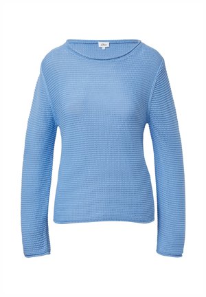 Light blue, long-sleeve sweater made of textured knit fabric with a wide neckline and a straight fit. Features ribbed cuffs and hem.