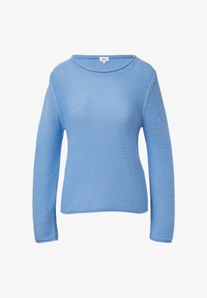 Lichtblauwe, lange mouwen trui van textuurgebreid materiaal met een ruime halslijn en een rechte pasvorm. Heeft ribbels bij de manchetten en onderkant.