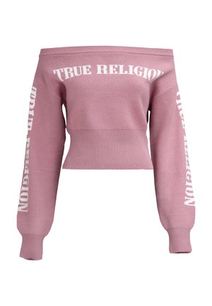 Różowy sweter z opuszczanymi ramionami wykonany z dzianiny, z napisem "TRUE RELIGION" w kolorze białym na rękawach i dekolcie, o krótkim kroju.