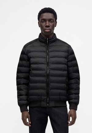 Junger Mann trägt eine schwarze Steppjacke mit Frontreißverschluss und hohem Kragen, steht vor einem weißen Hintergrund.