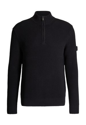 Pull-over en maille noire avec col montant à fermeture éclair sur un quart et manches longues, doté d'un ourlet et de poignets côtelés.