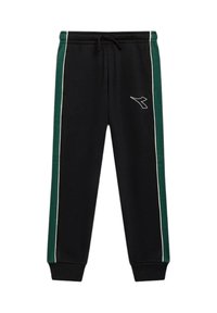 Pantaloni jogger neri con strisce laterali verdi, piping bianco, polsini elasticizzati, vita con cordino e un piccolo logo bianco sulla coscia sinistra.
