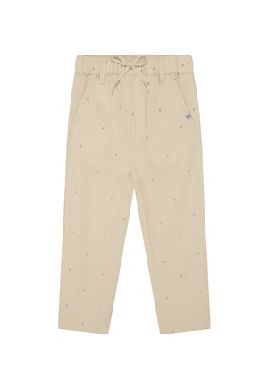 Beige katoenen broek met een elastische tailleband, verstelbare trekkoorden, steekzakken en kleine gestippelde patronen over het gehele oppervlak.