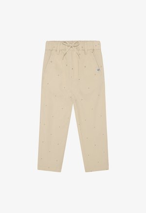 Beige katoenen broek met een elastische tailleband, verstelbare trekkoorden, steekzakken en kleine gestippelde patronen over het gehele oppervlak.