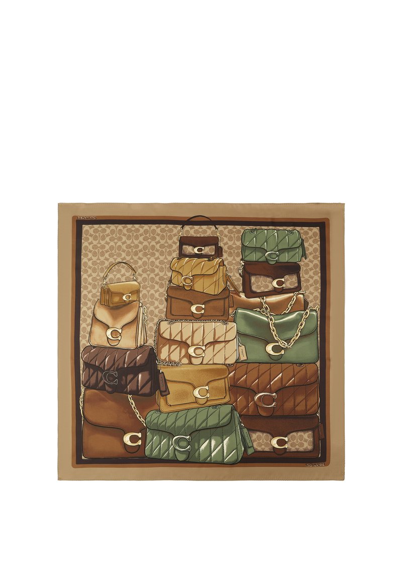 Pañuelo cuadrado que presenta una disposición de bolsos acolchados marrones, beige y verdes con cadenas doradas y adornos de logotipo.