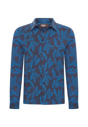 Langarmhemd aus navy-farbenem Stoff mit einem blauen Blättermuster, klassischem Kragen und knöpfbarem Vorderteil, mit einer leicht strukturierten Oberfläche.