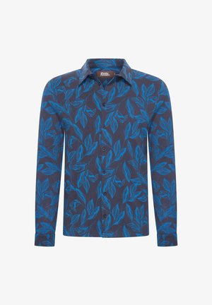 Langsleeve overhemd van marineblauwe stof met een blauw bladdessin, klassieke kraag en knoopsluiting aan de voorkant, met een licht gestructureerde afwerking.