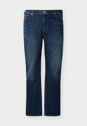 Donkerblauwe spijkerbroek met knoop en rits aan de voorkant, vijf zakken, rechte pijpen en lichte vervaging op de dijen en knieën.