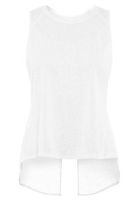 Top blanc sans manches avec un décolleté arrondi, fabriqué en tissu léger et semi-transparent. Dispose de fentes latérales pour une coupe décontractée.