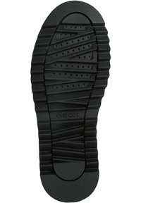 Černá gumová podrážka obuvi s vyvýšenými liniemi, kruhovými akcenty a ventilačními otvory. Obsahuje branding "GEOX" a "ITIALSKÝ PATENT."