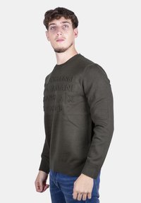 Maglione in maglia verde oliva con logo in rilievo sul davanti, collo rotondo e polsini e orlo a coste. Il tessuto appare morbido con una texture liscia.